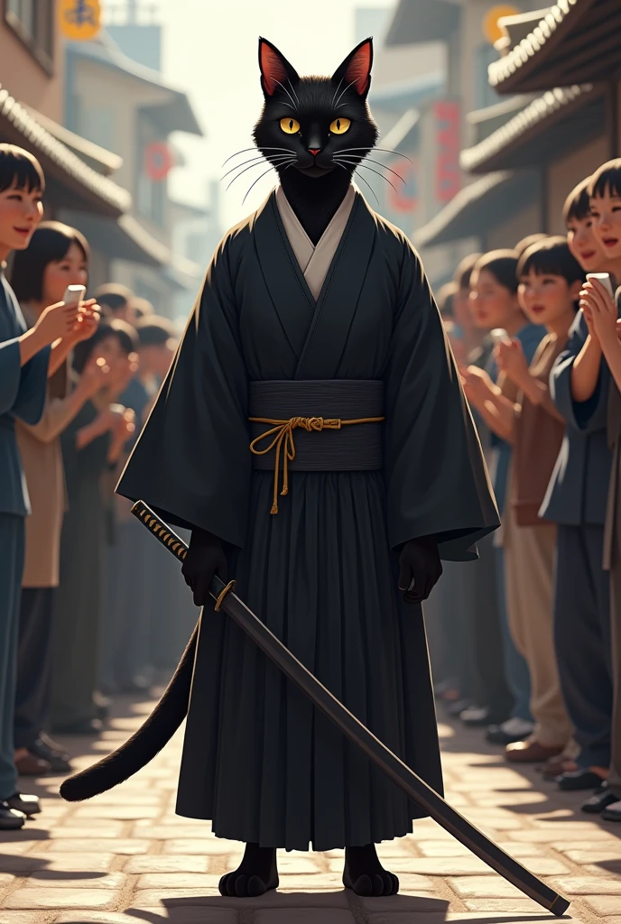 "A sleek black cat walks upright on two legs, wearing a traditional Japanese groom's hakama with a matching haori jacket. The cat has long, silky fur, and his look is completed with a traditional katana sword at his side. The crowd is in awe, snapping pictures of this sophisticated groom."