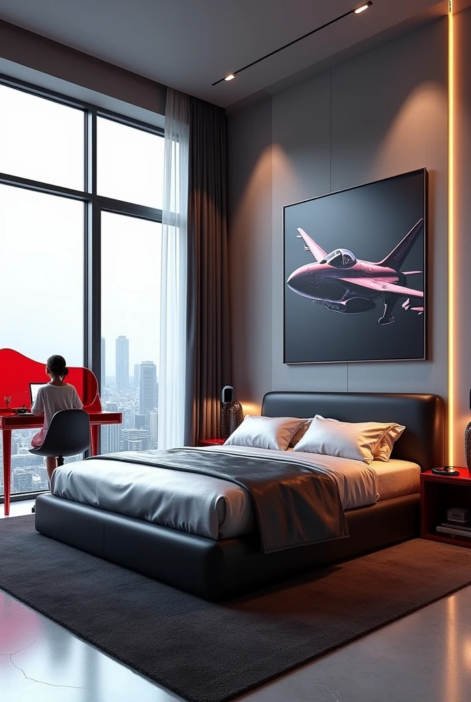 Professional 3d architecture rendering design of modern   girl teenage  room with modern dark bed and  light  shiny silver blanket and sheets modern   red glassy makeup table and glassy  chairand  glassy  red glassy piano And modern windows  and beautiful and modern  with big  jet war  airplane  painting  and modern windows and showing complete bed room and light gray stone for floor and elegant  dark carpet and small ai similar human sitting on the chair and light gray wall 
