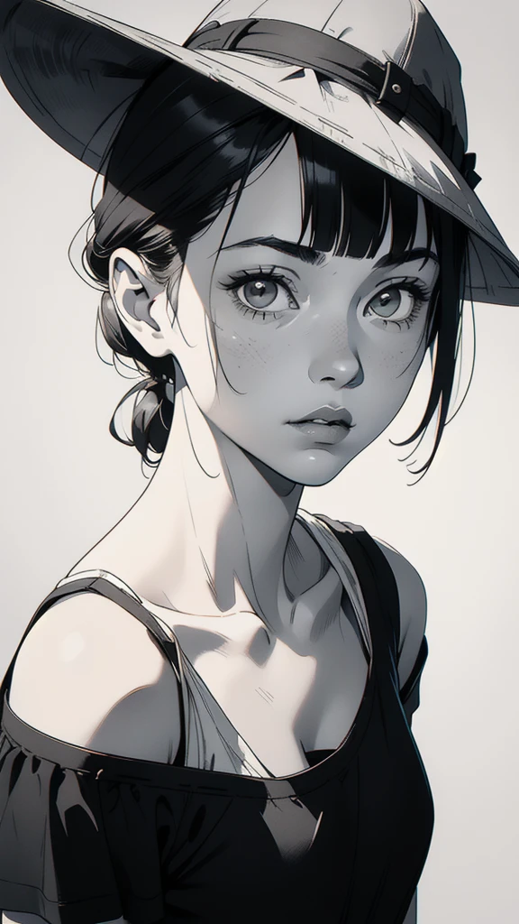 1 boyish girl, solo, sharp eyes, monochrome, greyscale, shoulder length black hair, portrait, blank white T-shirt, Thin eyebrows, closed mouth, looking at viewer, graphite \(medium\), detailed lips, hatching \(texture\), without makeup, (bangs), upper body, (best illustration), (best quality), (very detailed), (masterpiece), expressionless,