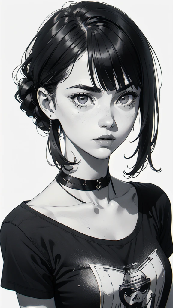 1 boyish girl, solo, sharp eyes, monochrome, greyscale, shoulder length black hair, portrait, blank white T-shirt, Thin eyebrows, closed mouth, looking at viewer, graphite \(medium\), detailed lips, hatching \(texture\), without makeup, (bangs), upper body, (best illustration), (best quality), (very detailed), (masterpiece), expressionless,