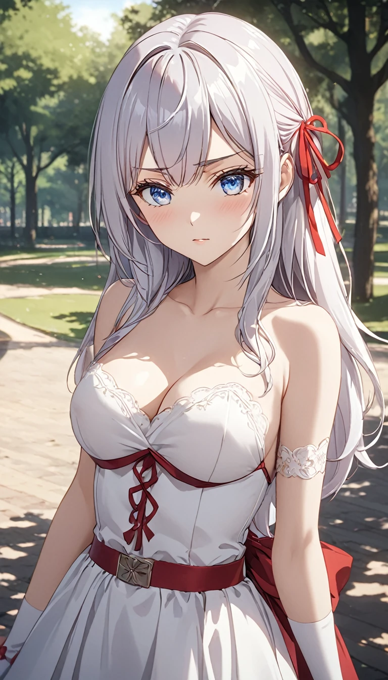 Detailed work, best quality, 4K clarity, Realistic lighting and shadows, color gradation, Anime, background, park, จากซีรีย์ Alya Sometimes Hides Her Feelings In Russian, Alisa Kujou, blue eyes, ตาแบบAnime, long white hair, Attach a red ribbon, H cup breast, Wear a bridal gown., white stockings, White long gloves