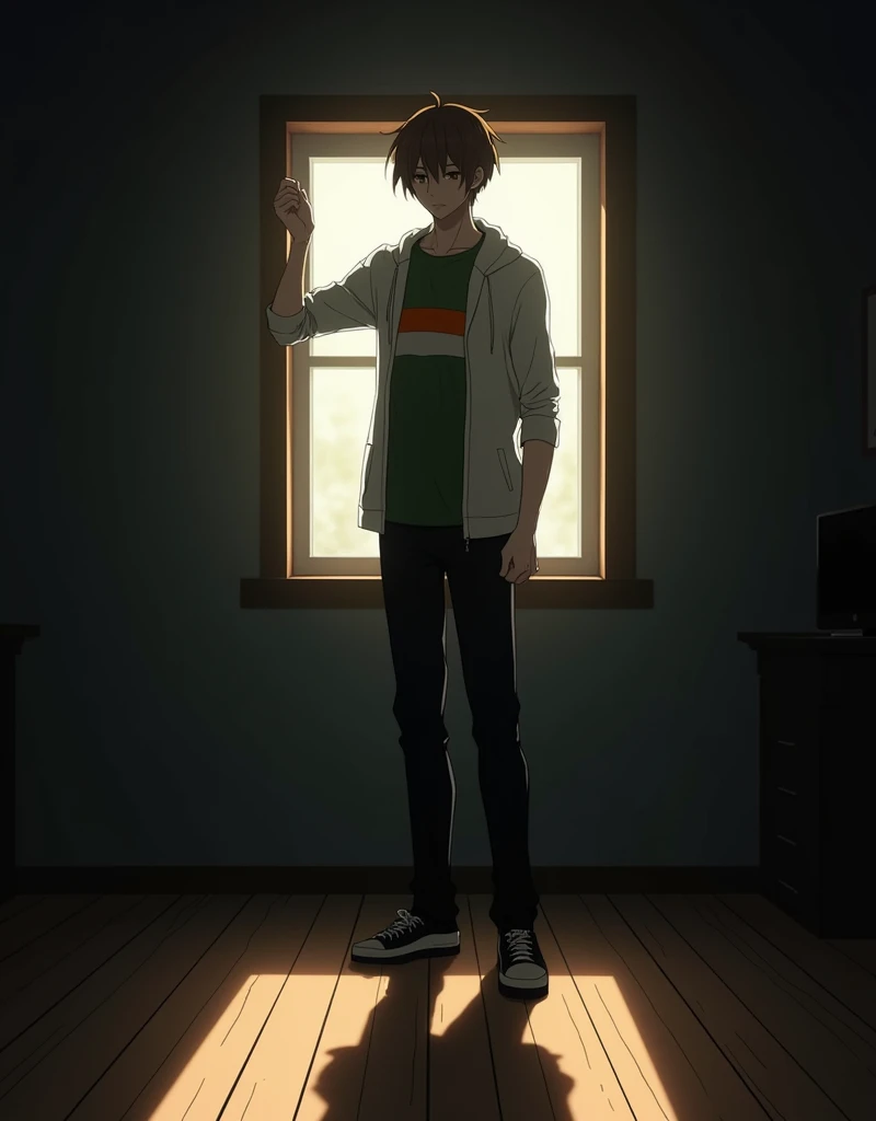 Here’s a detailed prompt for a scene featuring Kiyotaka:

**Scene Description:**
Kiyotaka stands alone in a dimly lit room, his tall and lean frame casting a long shadow on the wooden floor. His brown hair falls slightly over his calm, brown eyes, which reflect a cool indifference as he gazes out of a window. The faint light outside reveals his fair complexion, giving his features a soft but sharp contrast against the darkness of the room.

He is dressed in his casual attire, a white hoodie with the hood slightly down, revealing the green shirt underneath that has a distinct orange stripe running across it. His brown pants are well-fitted, complementing the understated simplicity of his outfit. His posture is relaxed but alert, with one hand casually resting in his pocket, while the other lightly touches the window frame, as if lost in thought.

Despite the casual clothing, there’s a subtle tension in his well-built body, particularly noticeable in the defined muscles of his lower arms, hinting at the rigorous training he endured in the White Room. His expression is composed, with a slight furrow of the brow that suggests deep contemplation or calculation. His lips are set in a neutral line, betraying neither emotion nor intent, perfectly embodying the indifferent demeanor he is known for.

The room around him is minimalistic, with only a few pieces of furniture visible, but the focus remains entirely on Kiyotaka. His presence dominates the scene, even in stillness, conveying a sense of quiet strength and an aura of mystery.

**Movement:**
In this moment, Kiyotaka lifts his hand from the window frame and slowly clenches it into a fist, his expression remaining unchanged, yet the subtle motion hints at the complex thoughts brewing beneath his calm exterior. The light from the window glints off his knuckles, highlighting the contrast between his composed demeanor and the latent power in his physique. Make it anime style 