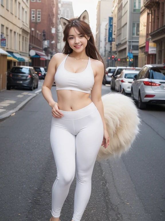 ((Highest quality, 8k)), ((masterpiece)), (Highest Resolution), Perfect Face, fox-eared woman, Female college student, Beautiful woman, Photographed in the city, Only one tail, she has thick thighs, Her big fox tail, Her yellow fox tail, She wags her tail, Smiling with teeth showing, Fur collar, She is wearing white yoga pants, Plump Breasts, Beautiful Hips , Her fox tail sticks out