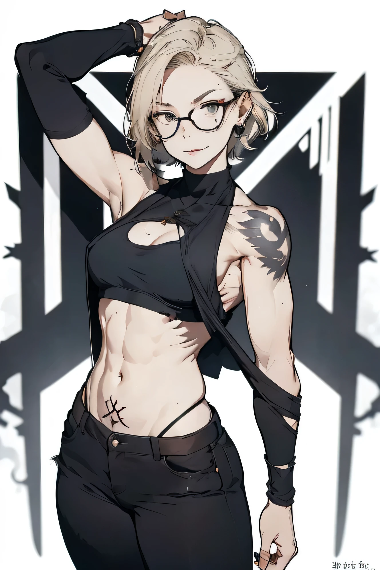 a woman with well-developed muscles, has short blonde hair, wears Ful Vue glasses, a low-cut crop top and black pants and scars all over the body, she is tall and hot, with a tattoo on his leg and two daggers in the sheath, with hunter eyes, hair is shaved on the side and long limbs