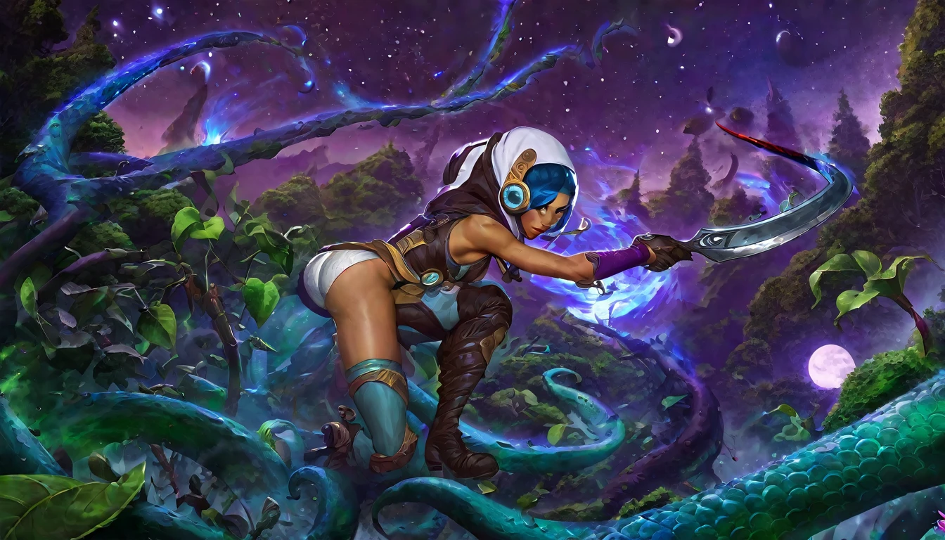 A adventurer woman (yuna, muscular, lean, sweaty, big butt, sexy explorer outfit) is using a machete to clear a path through a dense alien forest, tentacle vines reach from trees, she is carving a trail to an eldritch spire, 3 nightmarish moons hang in the starry sky each a different color, grand panoramic view of an alien landscape
