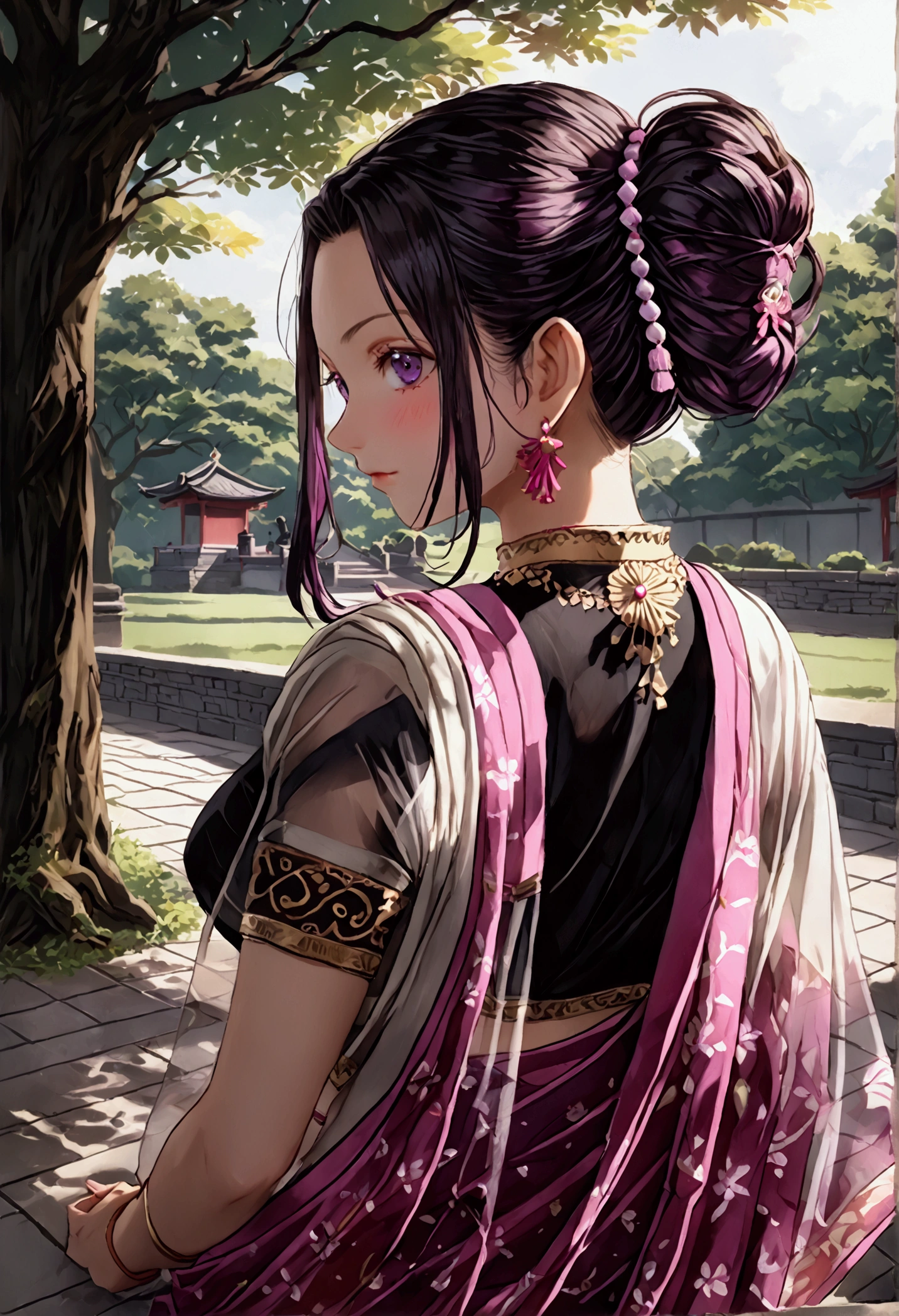 ((((shinobu kocho from demon slayer)))),((((wearing a white see through saree with fading pink at the end and her black lines cracking ground pattern on her saree)))), deep purple eyes with no visible pupils , in park, human body structure, no ornaments, photo session, innocent looking ,proper body proportion ,  distinctive hairstyle from Demon Slayer. Her hair is medium length, primarily dark black with subtle purple-tinted ends. The hair is tied up into a butterfly-shaped bun at the back of her head. She has long, straight bangs framing her face, with two strands of hair falling gracefully down each side. The butterfly accessory in the bun is detailed with light purple and white colors, matching the hair’s purple tips. Ensure the hair color stays dark with accurate purple shading, not pink,hairs are purple fading at the ends of bangs , ((((((wearing an Indian saree)))))),laying on bench