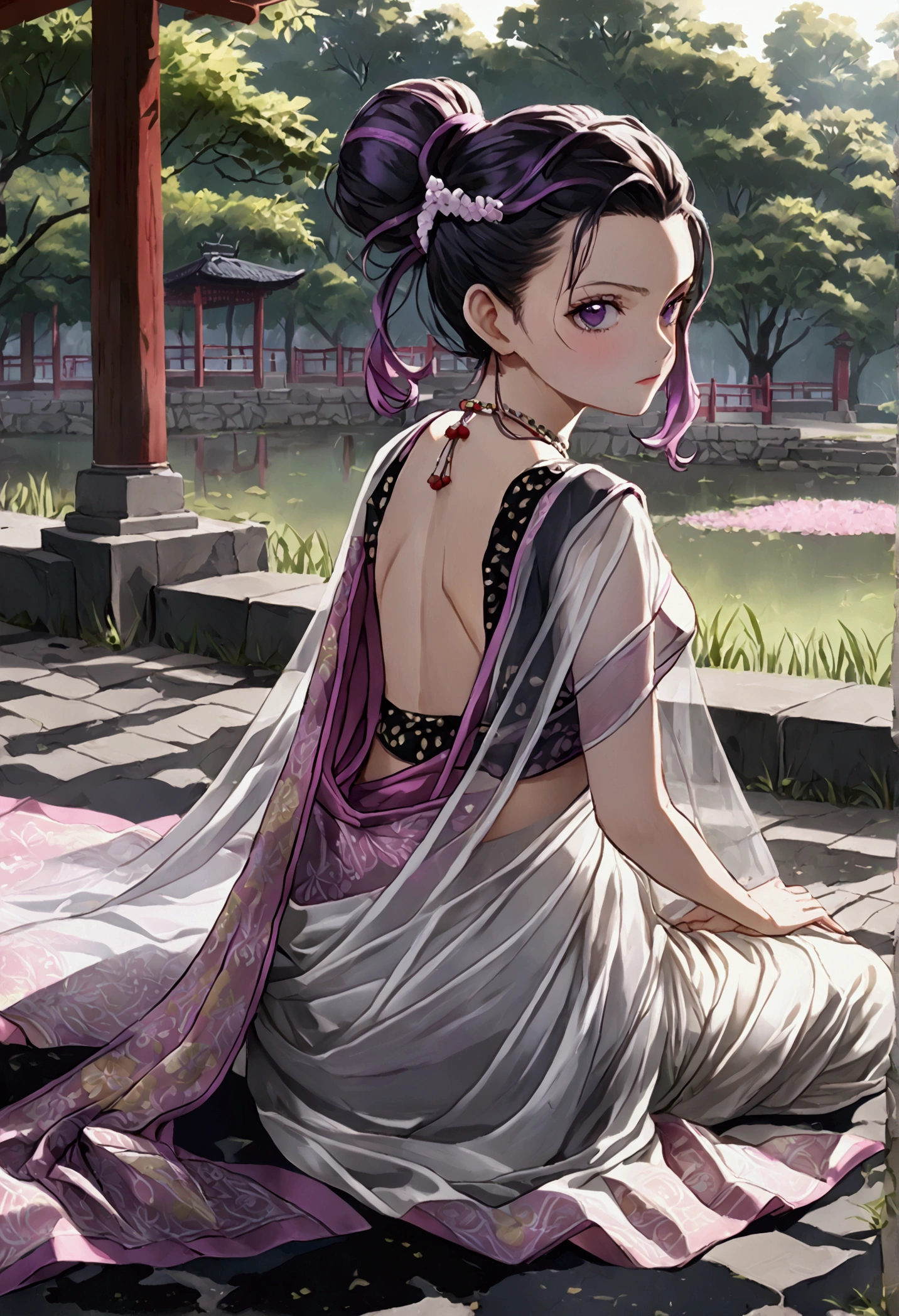 ((((shinobu kocho from demon slayer)))),((((wearing a white see through saree with fading pink at the end and her black lines cracking ground pattern on her saree)))), deep purple eyes with no visible pupils , in park, human body structure, no ornaments, photo session, innocent looking ,proper body proportion ,  distinctive hairstyle from Demon Slayer. Her hair is medium length, primarily dark black with subtle purple-tinted ends. The hair is tied up into a butterfly-shaped bun at the back of her head. She has long, straight bangs framing her face, with two strands of hair falling gracefully down each side. The butterfly accessory in the bun is detailed with light purple and white colors, matching the hair’s purple tips. Ensure the hair color stays dark with accurate purple shading, not pink,hairs are purple fading at the ends of bangs , ((((((wearing an Indian saree)))))),laying on bench