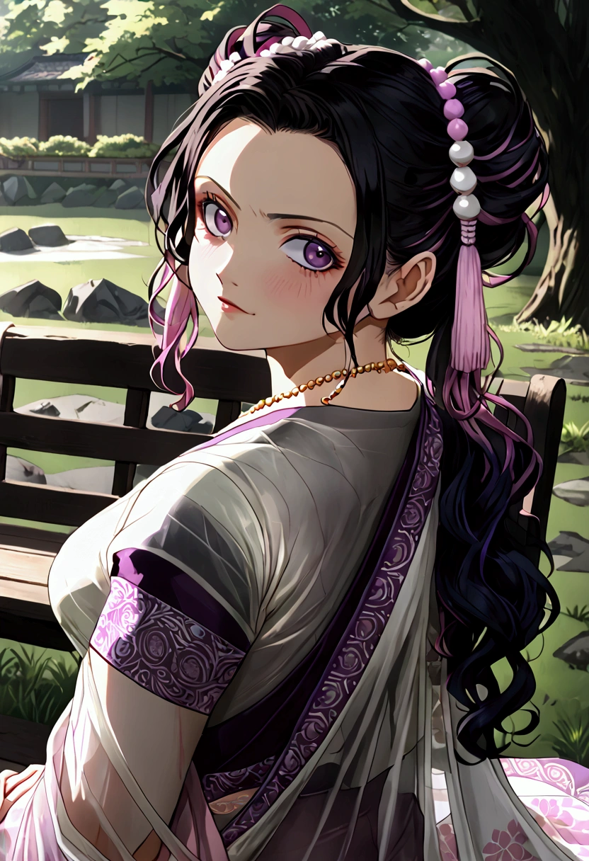 ((((shinobu kocho from demon slayer)))),((((wearing a white see through saree with fading pink at the end and her black lines cracking ground pattern on her saree)))), deep purple eyes with no visible pupils , in park, human body structure, no ornaments, photo session, innocent looking ,proper body proportion ,  distinctive hairstyle from Demon Slayer. Her hair is medium length, primarily dark black with subtle purple-tinted ends. The hair is tied up into a butterfly-shaped bun at the back of her head. She has long, straight bangs framing her face, with two strands of hair falling gracefully down each side. The butterfly accessory in the bun is detailed with light purple and white colors, matching the hair’s purple tips. Ensure the hair color stays dark with accurate purple shading, not pink,hairs are purple fading at the ends of bangs , ((((((wearing an Indian saree)))))),laying on bench