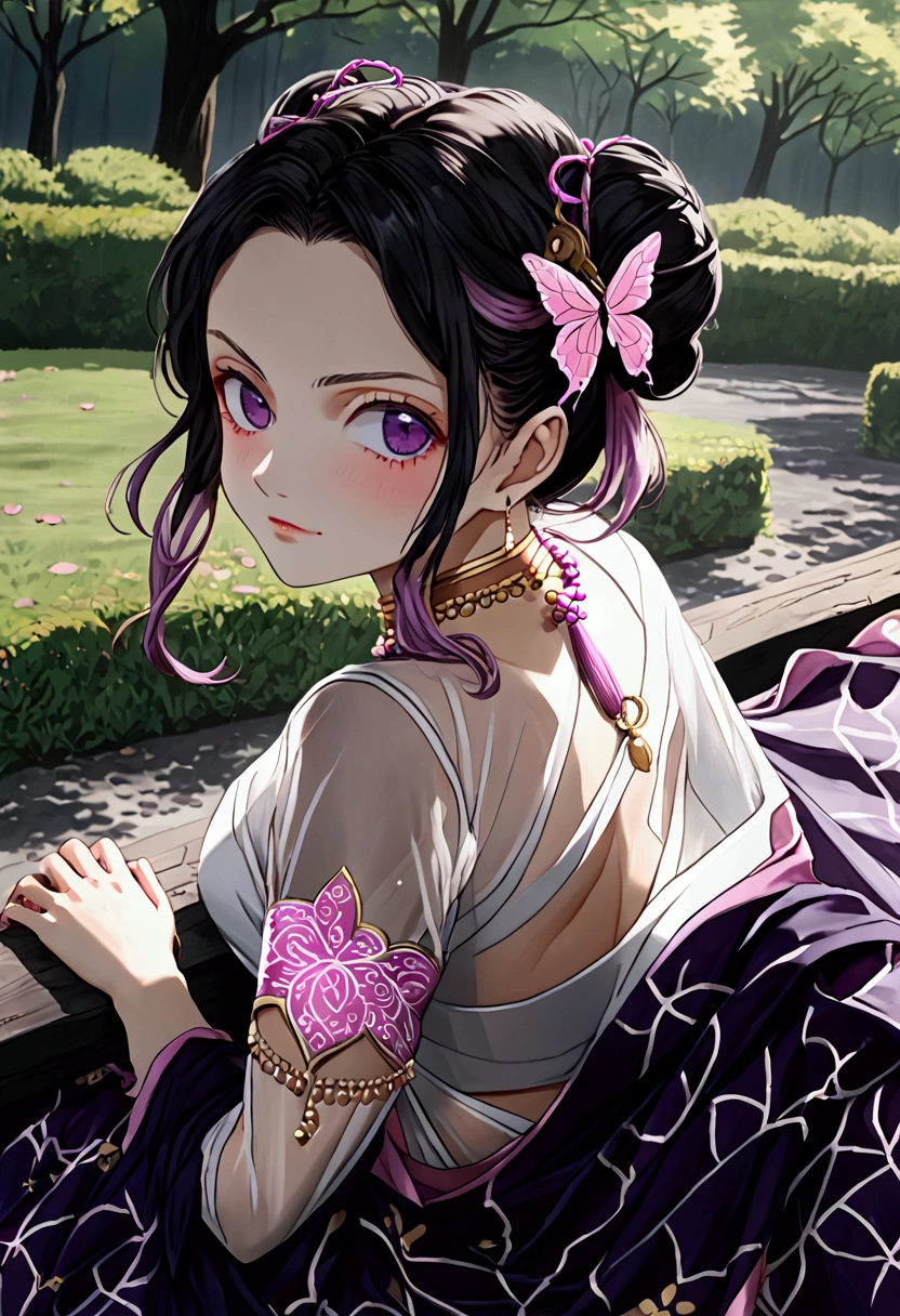 ((((shinobu kocho from demon slayer)))),((((wearing a white see through saree with fading pink at the end and her black lines cracking ground pattern on her saree)))), deep purple eyes with no visible pupils , in park, human body structure, no ornaments, photo session, innocent looking ,proper body proportion ,  distinctive hairstyle from Demon Slayer. Her hair is medium length, primarily dark black with subtle purple-tinted ends. The hair is tied up into a butterfly-shaped bun at the back of her head. She has long, straight bangs framing her face, with two strands of hair falling gracefully down each side. The butterfly accessory in the bun is detailed with light purple and white colors, matching the hair’s purple tips. Ensure the hair color stays dark with accurate purple shading, not pink,hairs are purple fading at the ends of bangs , ((((((wearing an Indian saree)))))),laying on bench