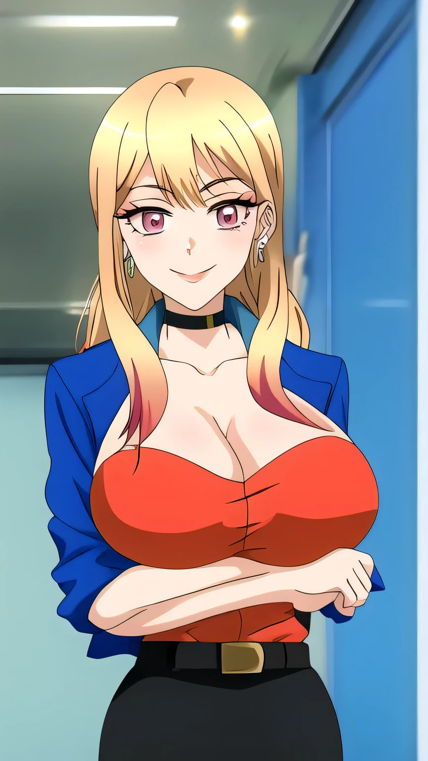 marin, 1girl, solo, long_hair, looking_at_viewer, smile, bangs, blonde_hair, shirt, red_eyes, huge_breast, blue jacket, red shirt, cleavage, belt, pencil skirt, upper_body, multicolored_hair, earrings, necktie, choker, collared shirt, pink_eyes, eyelashes, makeup, black choker, parody, anime_coloring, full body, 