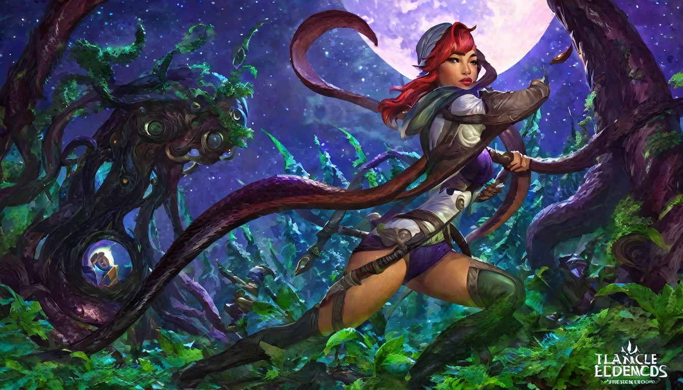 A adventurer woman (yuna, muscular, lean, sweaty, big butt, sexy explorer outfit) is using a machete to clear a path through a dense alien forest, tentacle vines reach from trees, she is carving a trail to an eldritch spire, 3 nightmarish moons hang in the starry sky each a different color, grand panoramic view of an alien landscape