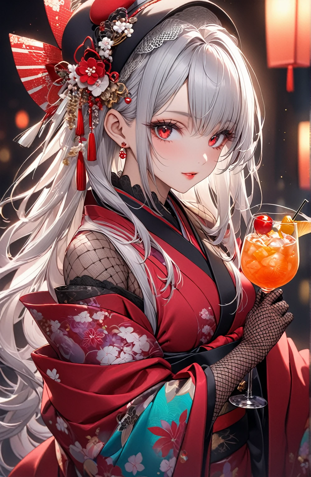 Ultra high resolution, rich colors, perfect image, top quality, detailed image, beautiful woman, glowing skin, skin and clothing texture, delicate eyes, kimono, Japanese clothing, headdress, cocktail hat, toque, fishnet gloves, kiseru, long silver hair, red eyes