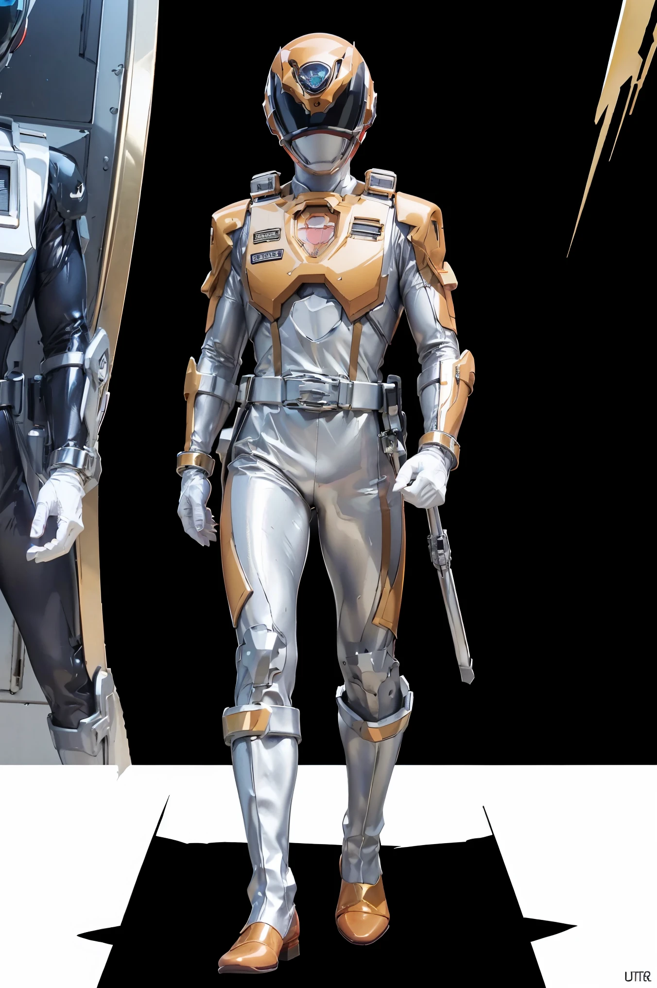 1boy, full body, Illustration, cinematic light, high resolution, best quality, ultra detailed, masterpiece, power suit, powerranger, suit, spd, (Silver and Gold chestplate), red and gold detail, (((white suit))),