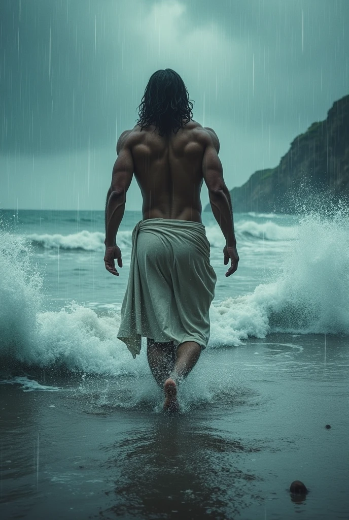 Jesus , cinematic movie poster , backside walking along sea , raining, colors are very cinematic, going little far away, between sea waves , more cinematic movie poster , creative , macho , strong , god , inside sea and very sea waves are both sides of him 