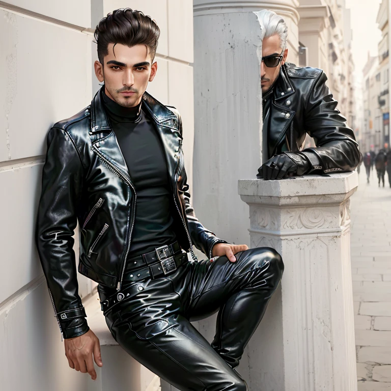 araf, man in black and white, leaning on a pillar, wear leather, dressed in biker leather, wear a leather jacket, Leather clothes, wear leather jacket, Leather clothes, wearing a leather jacket, wear a black leather jacket, Jonas De Roh, Matthias Kolros, in an old leather jacket from the 1950s, by Gabriel Ba