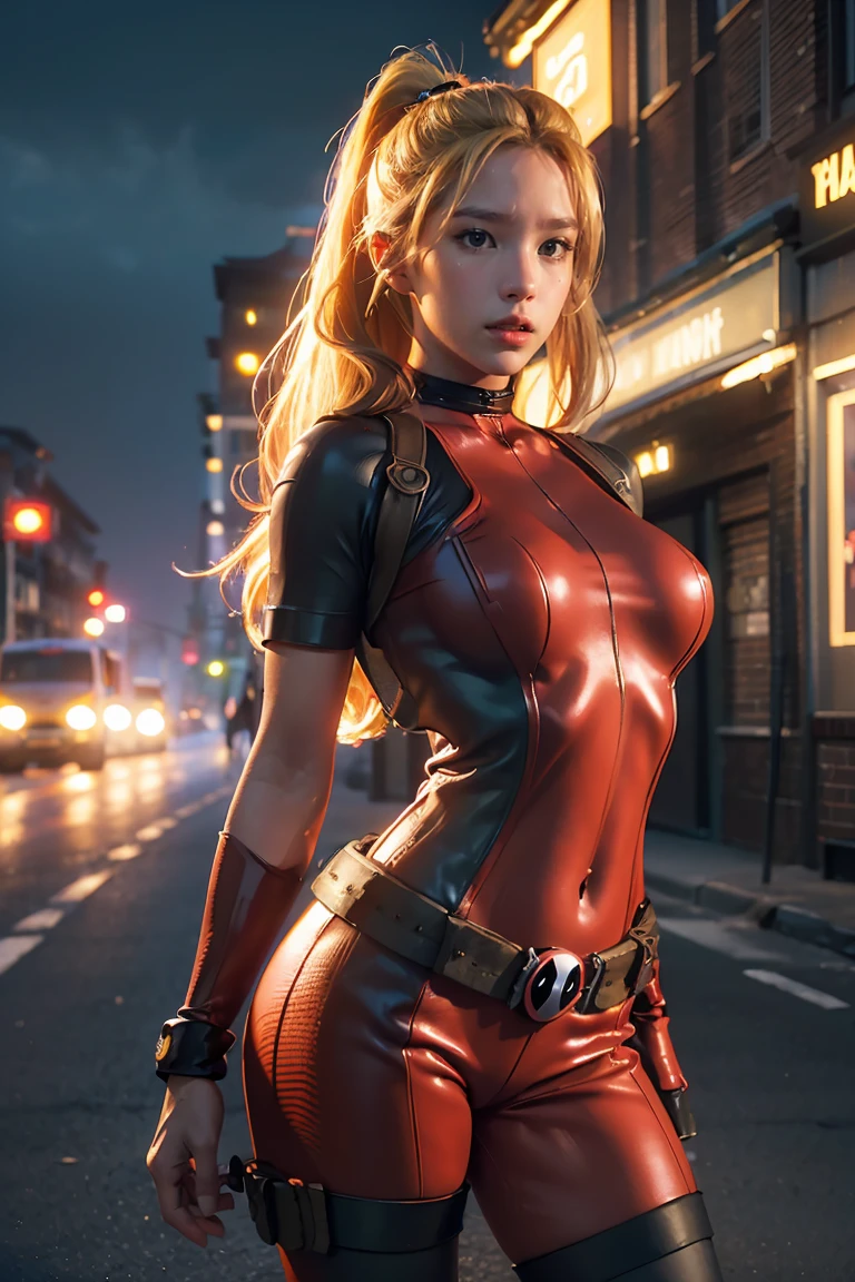 (((3d,CGI))) “cartoon art-style” realistic portrait of a sexy and busty female superhero character in the style of Deadpool, I have blonde hair., Wear tight clothing., holding a sword, Pose seductively and confidently, It is large, good figure., (best quality,4K,8ก,height,Masterpiece:1.2),Very detailed,(realistic,photorealistic,photo-realistic:1.37),Very detailed,Beautifully detailed eyes,Beautifully detailed lips,ดวงตาและใบหน้าที่มีรายVery detailed,Long eyelashes,Intricate costume details,dynamic light,Stunning shadow,bright colors,movie elements, waliking on the road,