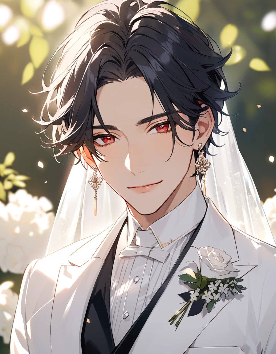 man, black hair, red eyes, earrings, wearing a beautiful white wedding tukedo, handsome