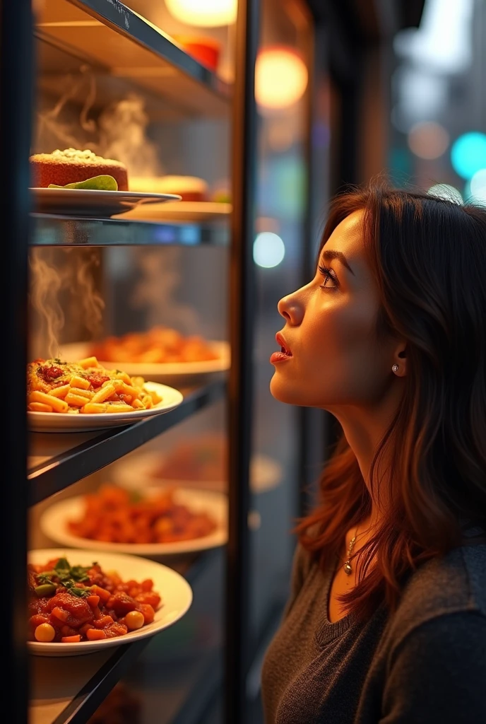 A very hungry woman stands in front of her favorite restaurant, looking at the food in the restaurant.