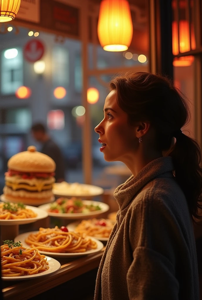 A very hungry woman stands in front of her favorite restaurant, looking at the food in the restaurant.