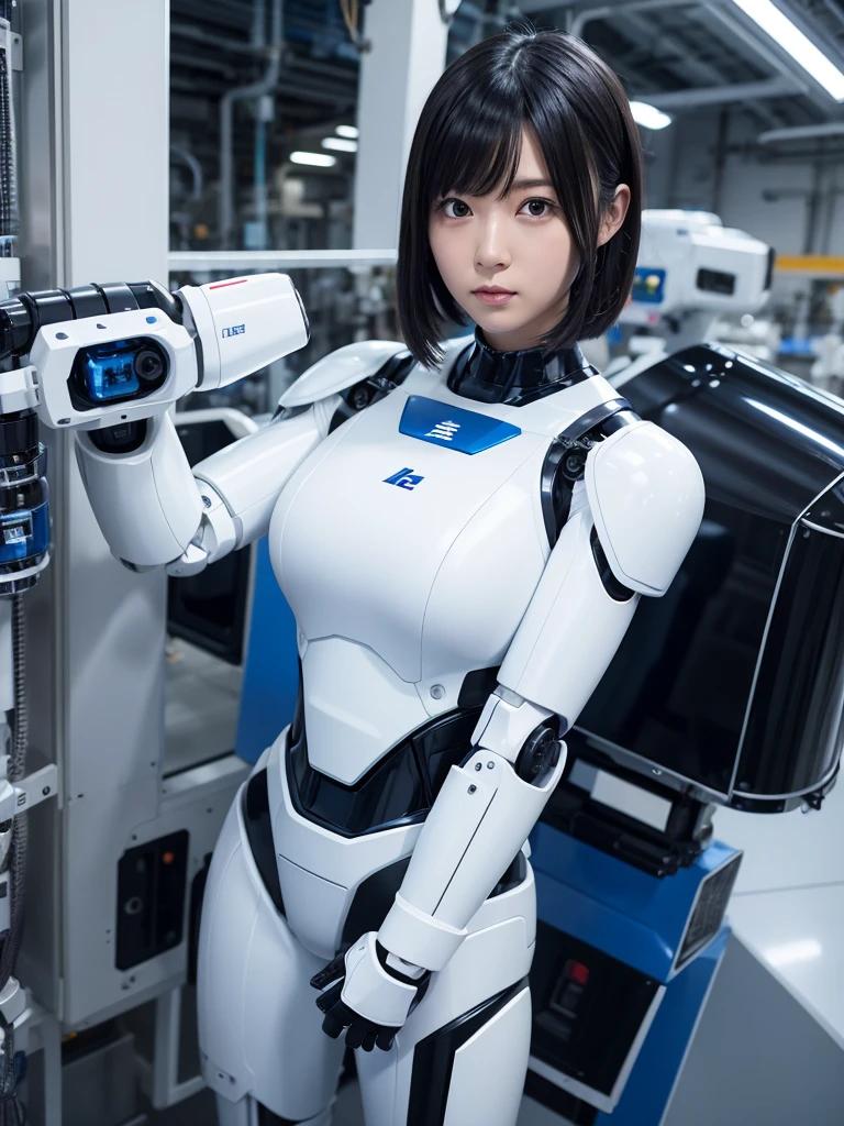 Japanese female android,Black Hair,White and blue robot suit,Plump,Standing in front of a robotic arm in a factory,