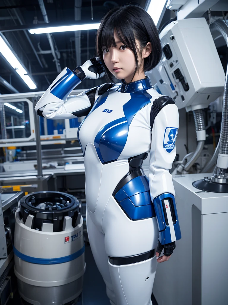Japanese female android,Black Hair,White and blue robot suit,Plump,Standing in front of a robotic arm in a factory,