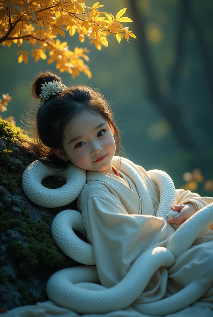 a girl laying with snake circling around here hugs white snake, deep forest, a golden tree in back which illuminates the surrounding, chinese girl wearing long robe with dark blue glow eyes, light smile