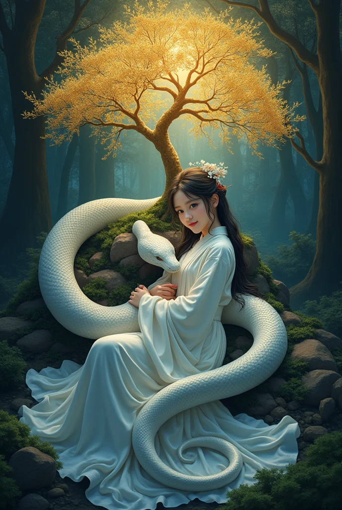 a girl laying with snake circling around here hugs white snake, deep forest, a golden tree in back which illuminates the surrounding, chinese girl wearing long robe with dark blue glow eyes, light smile