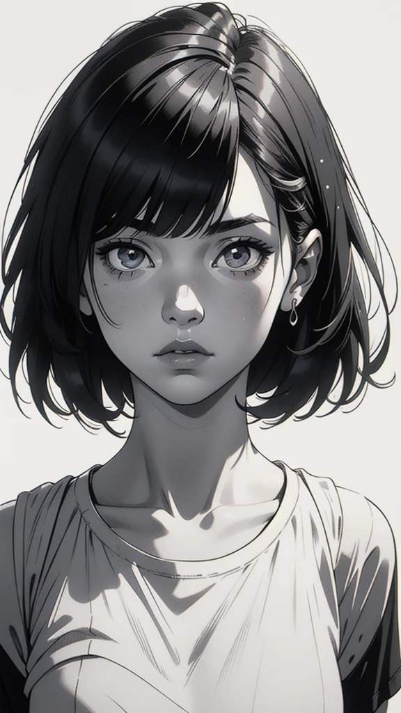 1 boyish girl, solo, sharp eyes, monochrome, greyscale, shoulder length black hair, portrait, blank white T-shirt, Thin eyebrows, closed mouth, looking at viewer, graphite \(medium\), detailed lips, hatching \(texture\), without makeup, (bangs), upper body, (best illustration), (best quality), (very detailed), (masterpiece), expressionless,