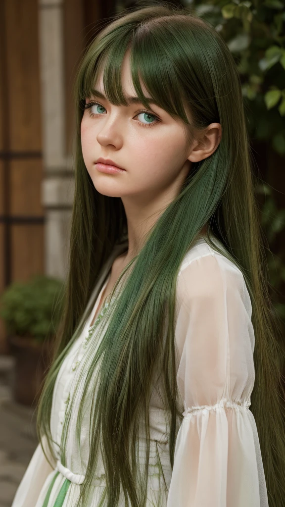 a girl.  Europe.  Extremely detailed face.  Oval face.  delicate facial features.  half-closed eyes.  long straight hair.  messy hair.  bangs.  green hair.  green eyes.  angry.  shy.  straight face