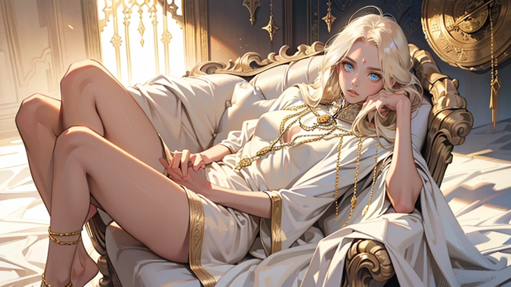 masterpiece, ultra detailed, 8K Portrait, Raw photo, a portrait photo of, Highly detailed face, beautiful and meticulous eyes, ((Fantasy)), beautiful woman, (((expressionless))), (((Mature look))), (((goddess))), tall, extra long blond messy hair, gentle face, (((skin as white as pearl))), (((white silk long cloak))) Fluttering in the wind, (((golden staff))), bare foot, Midday Sun, Hyper realistic, Body model, medium breasts, Beautiful breasts, Long legs, in heaven, lie down on the couch, Ambient lighting, Shadow details, Camera focus on face, strong breeze, Light fog