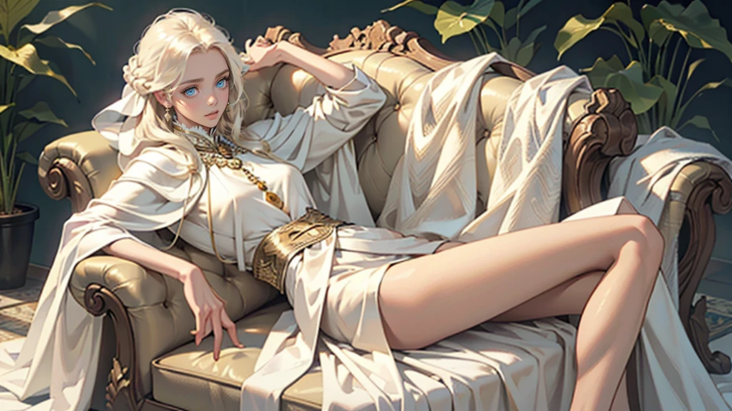 masterpiece, ultra detailed, 8K Portrait, Raw photo, a portrait photo of, Highly detailed face, beautiful and meticulous eyes, ((Fantasy)), beautiful woman, (((expressionless))), (((Mature look))), (((goddess))), tall, extra long blond messy hair, gentle face, (((skin as white as pearl))), (((white silk long cloak))) Fluttering in the wind, (((golden staff))), bare foot, Midday Sun, Hyper realistic, Body model, medium breasts, Beautiful breasts, Long legs, in heaven, lie down on the couch, Ambient lighting, Shadow details, Camera focus on face, strong breeze, Light fog