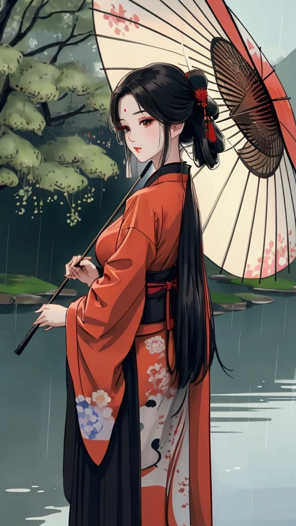 Kimono Girl、Ukiyo-e, One woman, High resolution, Black Hair, High resolution, masterpiece, Long Hair, Wide-angle shot,Back view、Under the willow tree、rain、Use an umbrella、look back、Anatomically correct, Highest quality, Monochrome、Beautiful Face、Background blur,