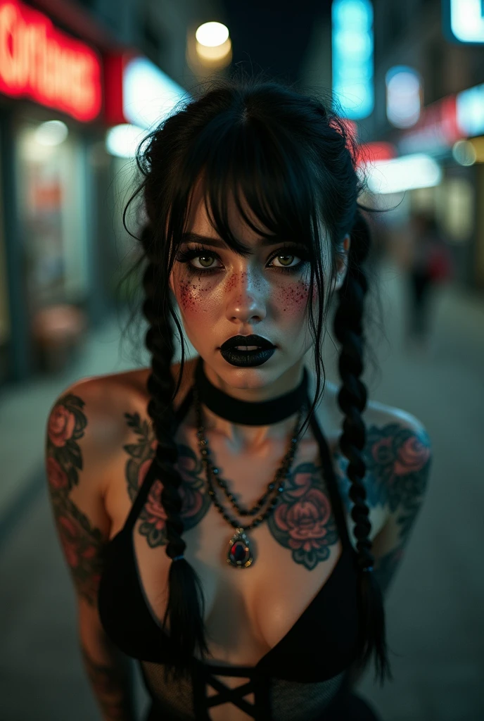 gothic style, dark, mysterious, haunting, dramatic, sharp focus, professional lighting, 8k, hdr, DSLR, professional photo, film grain, high contrast, warm light 8k tattoos, (ornate:1.2), photo of a beautiful nude, no panties, girl, nude, (freckles:0.8), charming look, goth, tattoos, black makeup, (long twintails:1.3), (black lipstick:0.7),  full shot, top down view, full nude body photo, feet in frame, standing on a busy street corner working a a prostitute, looking at the viewer,
