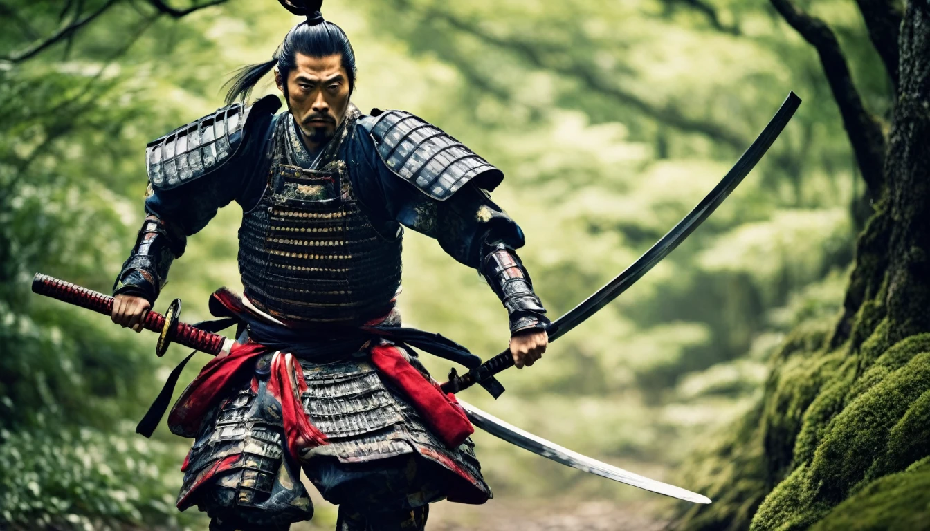 one Japanese samurai, wearing Japanese armor, serious expression, shown from head to toe, full body shot, running with Japanese sword at the ready, forest in the background, powerful camera work
