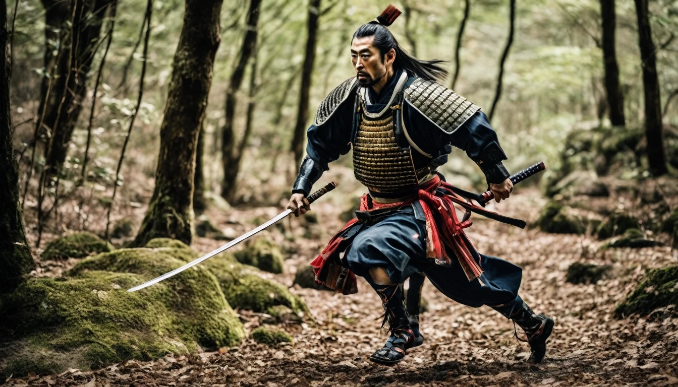 one Japanese samurai, wearing Japanese armor, serious expression, shown from head to toe, full body shot, running with Japanese sword at the ready, forest in the background, powerful camera work