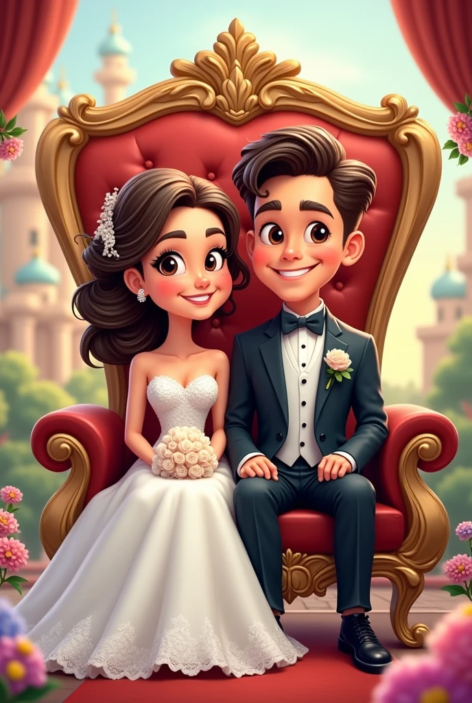 The bride and groom sit on the throne cartoon