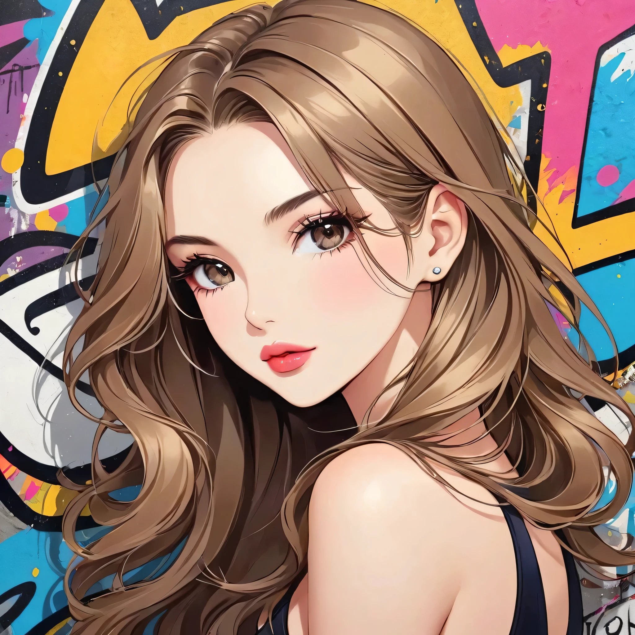 Paul Kleecolorful style, Simple Line Initialism,Abstract art,(((The most beautiful girl of all time))), Lips in love, Dark Eyes, Graffiti on the wall, stylish design