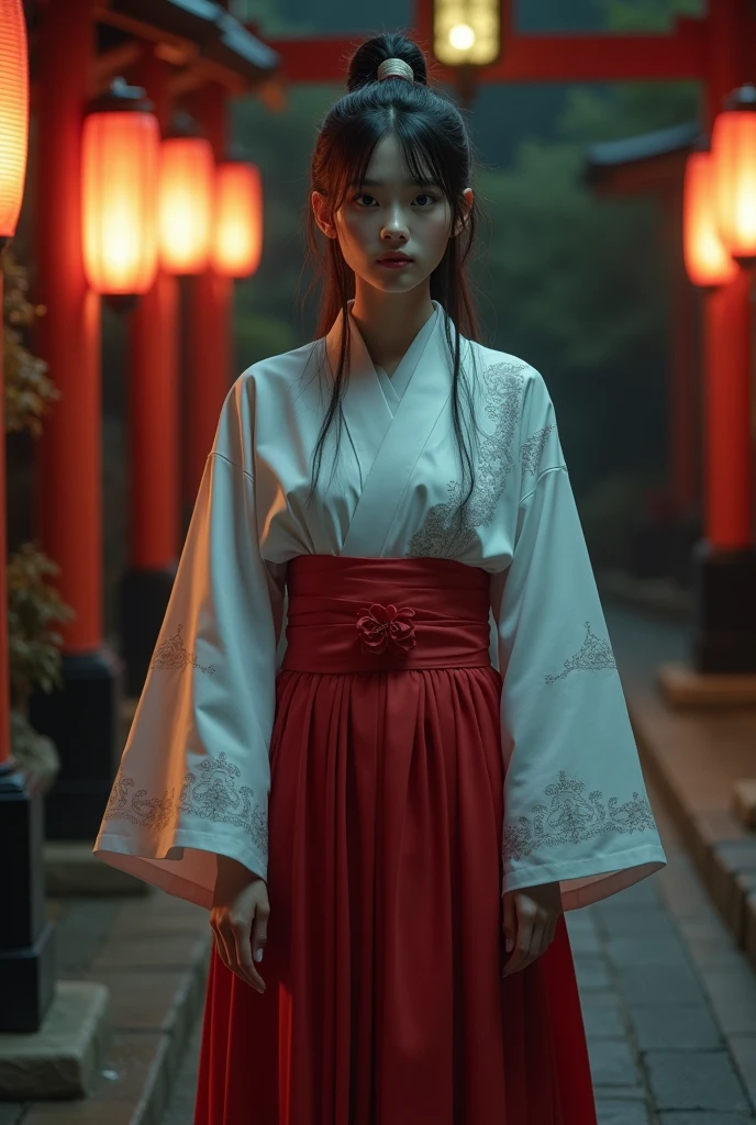 ((One person)), woman, masterpiece, Highest quality, Highest quality, Cinema Lighting, (Volumetric lighting), Very detailed CG unity 8k wallpaper, concentrate, 8k wallpaper, Very detailed, Ultra-realistic, Realistic, Sharp focus, Absurd, (High resolution:1.2), (High Contrast), photograph, Detailed and complex, Instagram, Portraiture, Very detailed, Digital Painting, Art Station, Concept Art, Smooth, Sharp focus, shape, Cinema Lighting, (F Cup Big:1.3), (Japanese Idols' manner), (Are standing), One girl (Miko costume, White sleeves, Long scarlet skirt) (cute,Solemn,Real Face,Big eyes:1.4、Patchy duplex) Listen straight, Black Hair, Long Hair, ponytail、I'm looking forward to (Ceremony at the shrine, At night, Japanese lanterns in the background:1.4) , Iris, (Highest quality, 超High resolution, Realistic, RAWphotograph, Real person, ポートレートphotograph, Realistic, Detailed skin, Fair skin, Beautiful attention to detail)