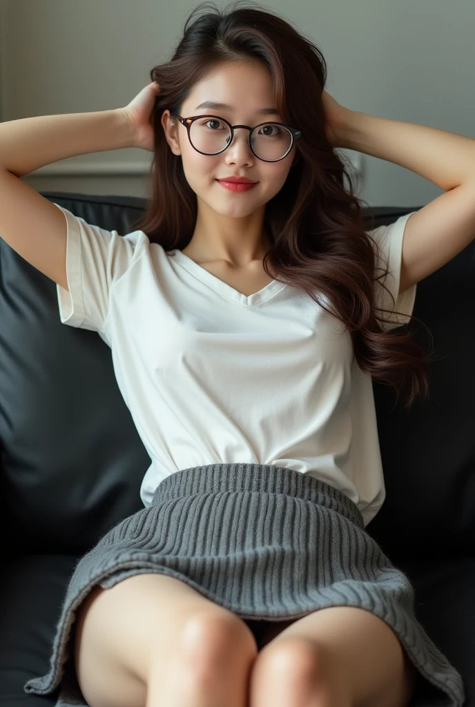 ((best quality, 8k, masterpiece: 1.3)), beautiful korean girl, pure, Melon face, kind and cute, light smile, pure desire, slim body, (front), (tilted head), long brown wavy hair, windy hair, Long flowing shoulders, big round black eyes, Round glasses, Clear, big eyes, moist red lips, sweet, Lying with my legs spread on a comfortable black sofa in a cafe, blurred background, bright lights, dehisce, Pleading Eyes, ((((whole body)))), sexy slim legs, small firm breasts, lift up your skirt, ((Slender muscular body)), (M legs:1.5), ((Lifting the skirt:1.5)), Wearing a white short-sleeved shirt, (open shirt:1.3), Gray Braided Mini Skirt, White panties under skirt, tilted head, (holding a weapon, Arms over head), Focus on her legs