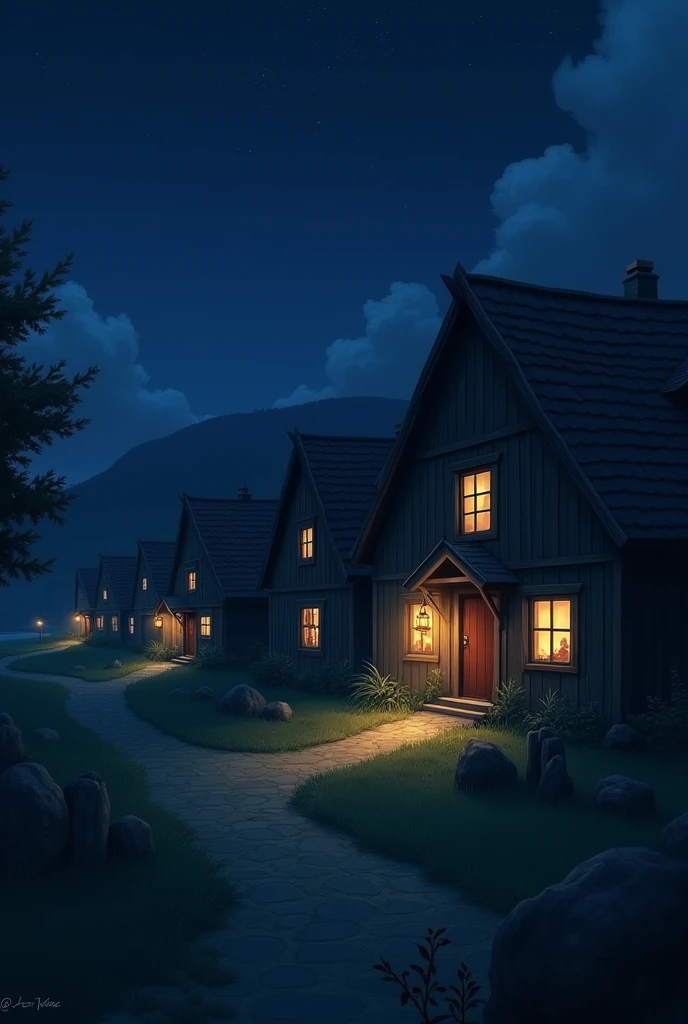 Picture of a row of wooden houses in a quiet village with dim lighting on a dark night.