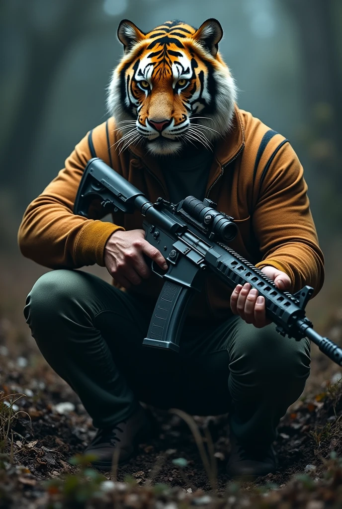 Man with tiger face and sit on the horror place with heavy latest weapon