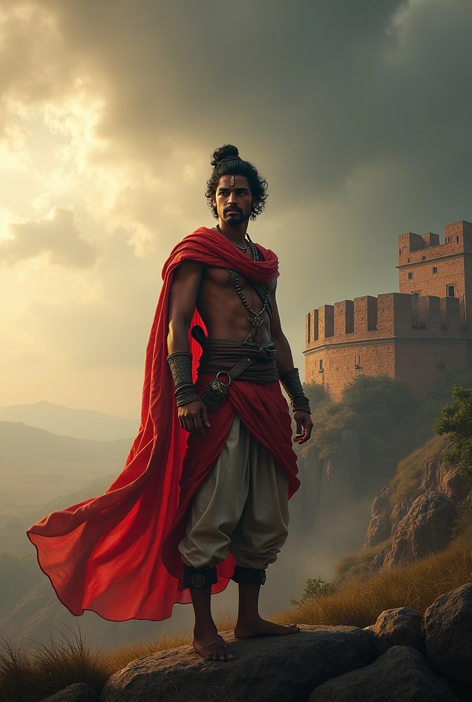Shivaji Maharaj at Shivneri Fort
Description: Young Shivaji Maharaj stands confidently at the top of Shivneri Fort, gazing over the landscape with a determined look. The fort is set against a dramatic sky with mountains in the background, showcasing its strategic importance.
