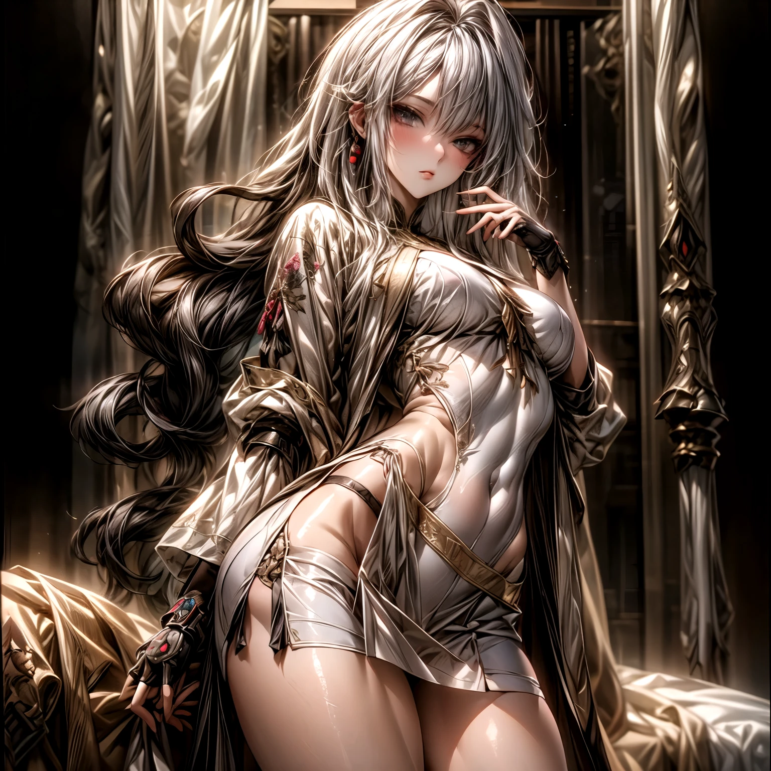 (best quality)), ((Masterpiece)), (details:1.4), 3d, HDR (high dynamic range), an image of a beautiful cyberpunk female, fantasy, medieval, Cyberpunk, Sleek style, black hair, Curtain Bangs, hips up, Beautiful White eyes, จมูกโด่ง, ปากแดง, หน้าอกใหญ่, nvidia RTX, PBR surface, After processing, Anisotropic filtration,depth of field, Maximum clarity and clarity, multi-layered surface, Subsurface scattering, perfect proportions, 8K raw files, ultra detailed, Perfect proportions, volumetric lighting, soft lighting, Holy Paldin, Heavy Golden Armor, White dress, intricate Silver embroidery, glossy skin, Bed room Background, jewely, ต่างหู, mini white skirt, glove, long-sleeved jacket,