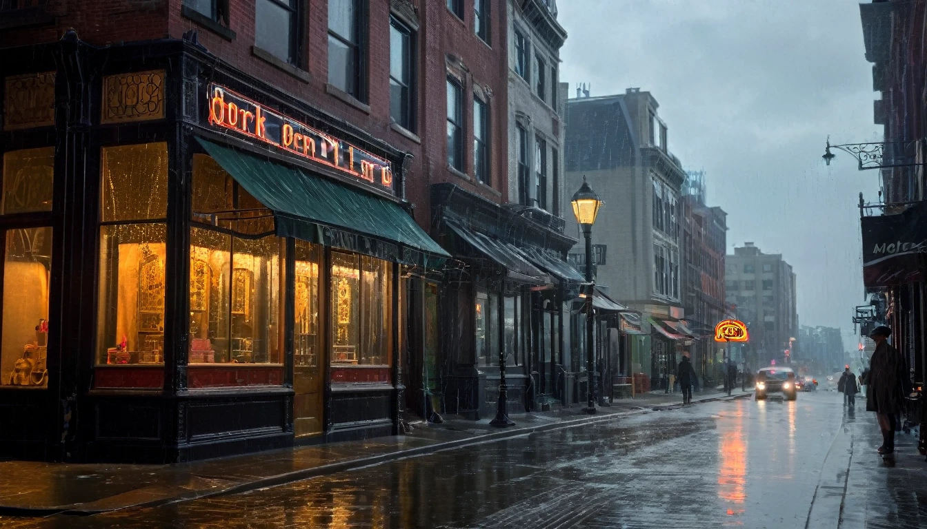 a beautiful detailed vitrines of New York street, 1920s fashion, neo-gothic architecture, vintage street lamps, neon signs, reflections, rainy day, dramatic lighting, cinematic, hyperrealistic, 8K, photorealistic, masterpiece, high quality