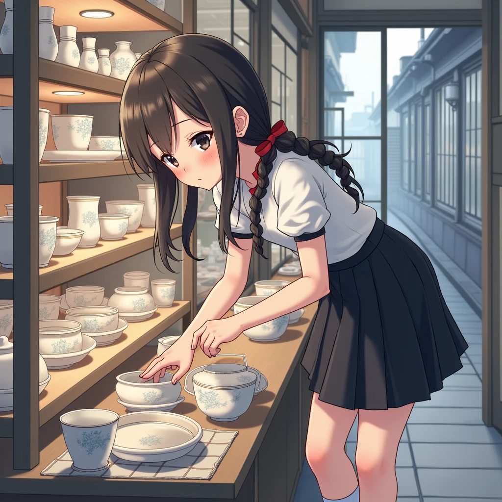 Anime Style, Realistic and beautiful backgrounds,
A girl leans forward to look at pottery,
She is wearing a cute white decorated blouse with short sleeves and no buttons., mid black flare skirt, no school uniform, no pleated skirt,
Wearing white knee-high socks, Wearing sneakers.
Her hair style is low twin tails, with red ribbons, very long length and black, low pigtails.
Not high twin tails.
On the go, Japanの陶器, dish, Bowl, Cup, shop, Japan, Glass door, street,
Daytime, from side, Focus on the face.