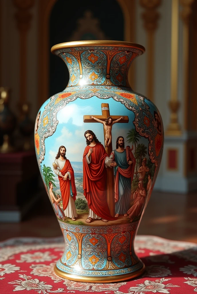 Turkish Ceramics，Vibrant and gorgeous ceramic vase，Detailed Bible story illustrations，Jesus and the cross，Blue with white and red accents，Complex design，Intricate details，European court background，Design process，Lots of details，Professional photos, best quality，Ultra HD，masterpiece