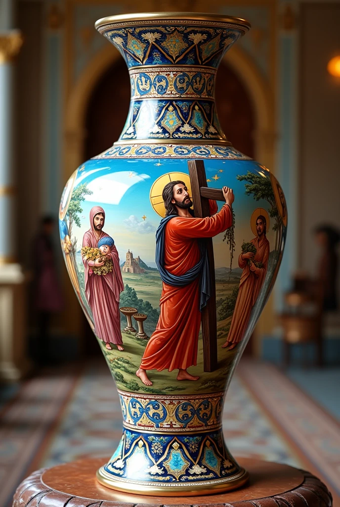 Turkish Ceramics,Vibrant and gorgeous ceramic vase,Detailed Bible story illustrations,Jesus and the cross,Blue with white and red accents,Complex design,Intricate details,European court background,Design process,Lots of details,Professional photos, best quality,Ultra HD,masterpiece