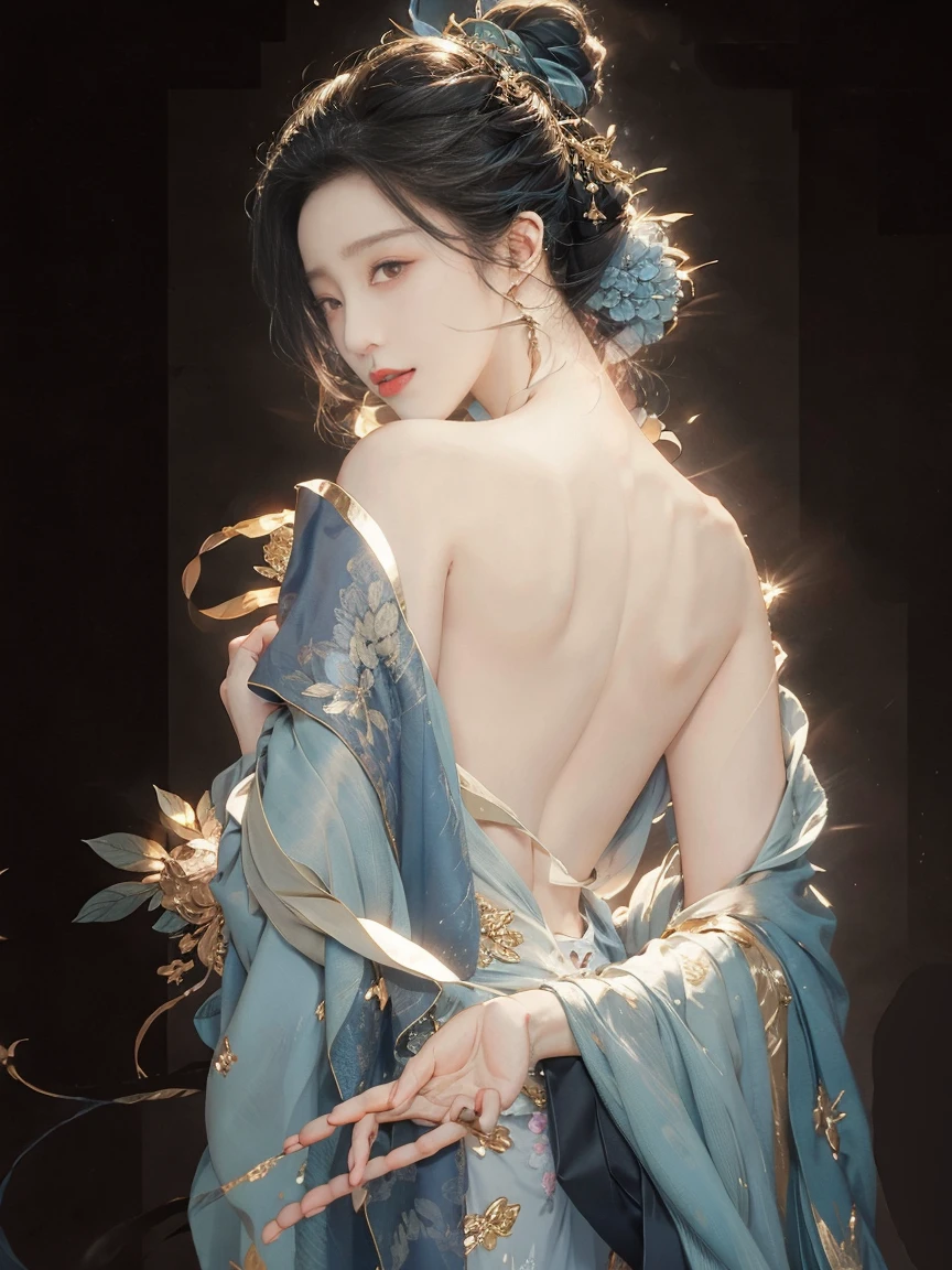 highly detailed, 8K, masterpiece, 1 girl, blue pink_hair, nude, Smile, (perfect_Face), boundary, close up, crazy, exist_Back, Gorgeous, complicated, Dramatic Lighting, 4K, detailed_Background, Caustics, full_Body,