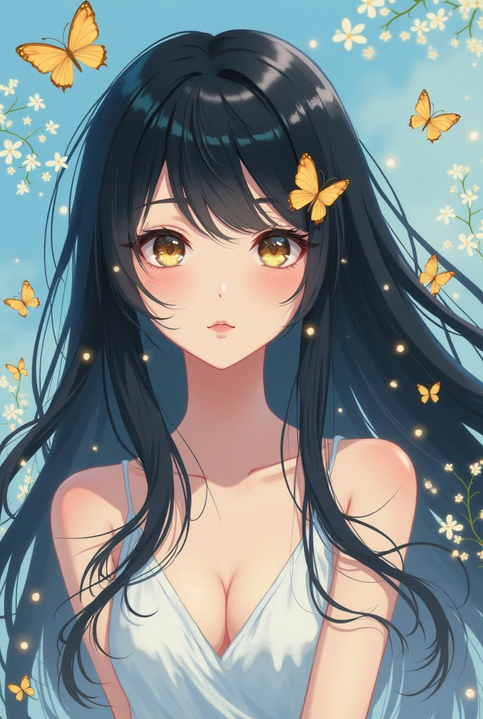 Black hair, anime, gold butterflies, pastel blue, baby breath