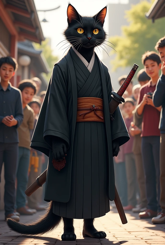 "A sleek black cat walks upright on two legs, wearing a traditional Japanese groom's hakama with a matching haori jacket. The cat has long, silky fur, and his look is completed with a traditional katana sword at his side. The crowd is in awe, snapping pictures of this sophisticated groom."